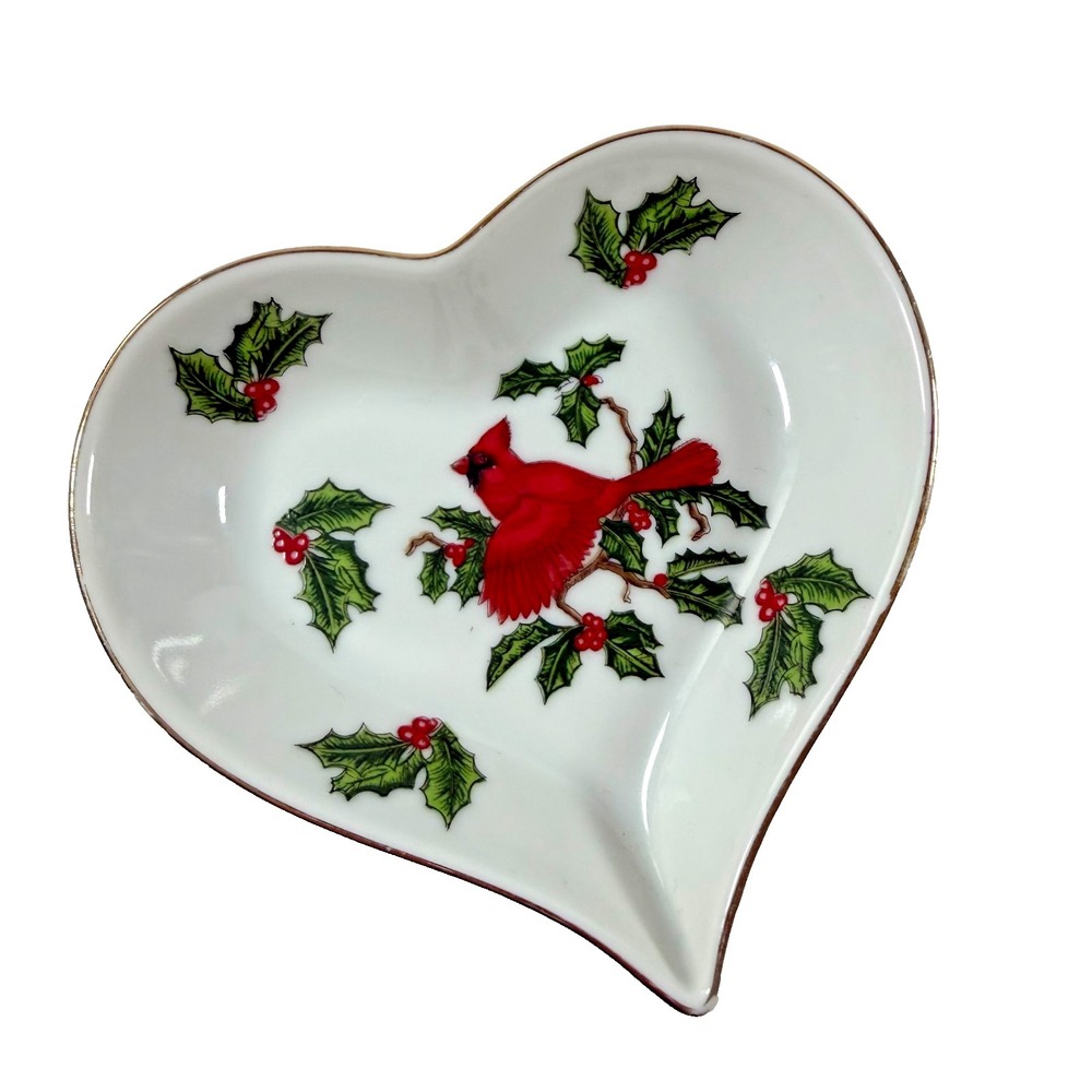 Lefton Trinket Heart Shaped Dish Cardinal Holly #2279 Handpainted Made in Japan‎